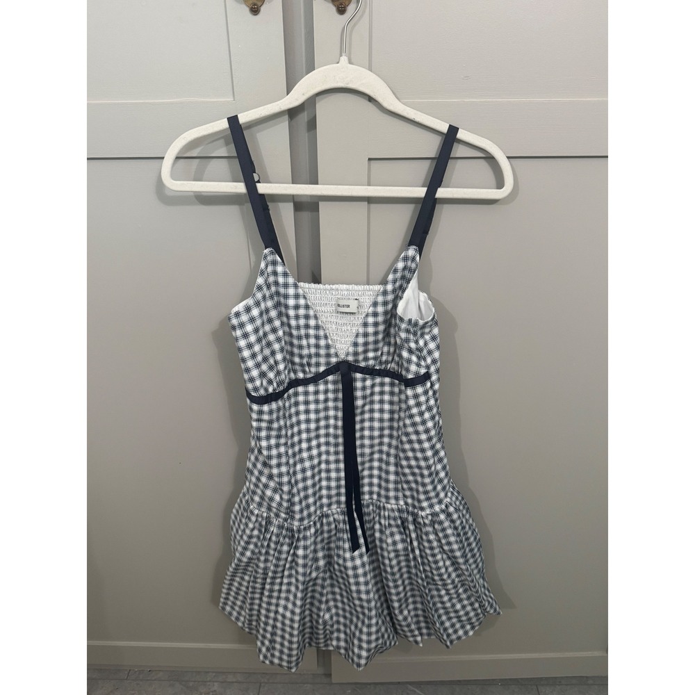 Hollister Plaid Babydoll Mini Dress Navy White Smocked Back Adjustable Straps M